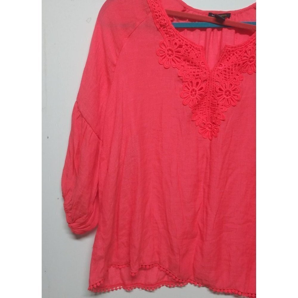 Robert Louis Top blouse Plus 3X coral lace accents 3/4 balloon sleeve pullover - Picture 4 of 8